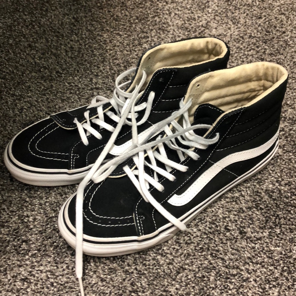 Vans high top black shoes worn once great condition Mens size 7 Womens 8.5